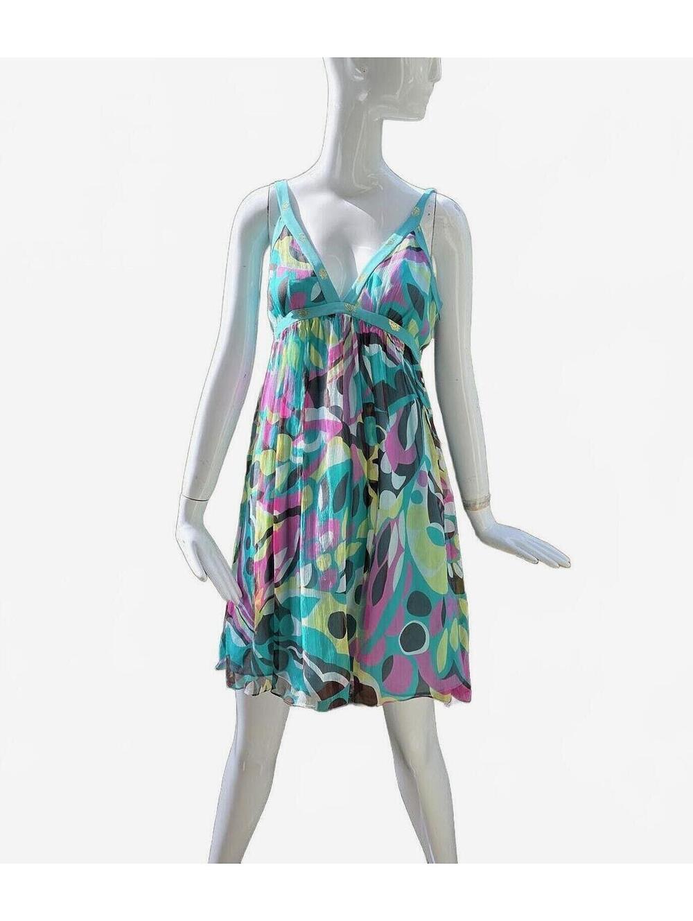 MIlly Silk Chiffon Abstract Print Empire Waist Mini Dress Size 8 Coastal Boho